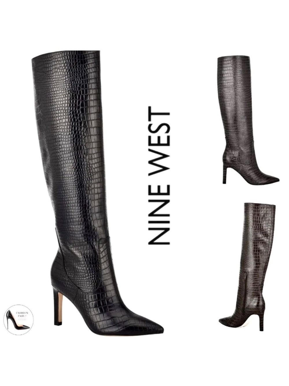 Nine West Maxim Women's Croc Black Leather Knee High Boots Stiletto Heel Boots 8